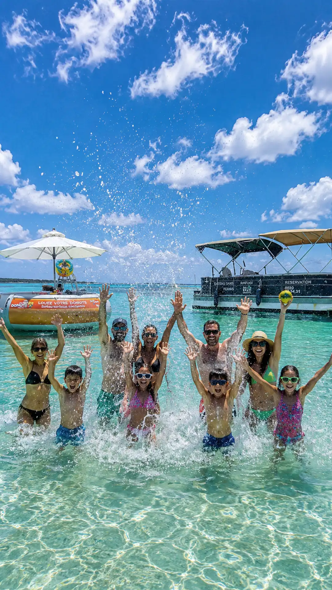 Groupe profitant d'un BBQ Boat sur un lagon turquoise en Guadeloupe